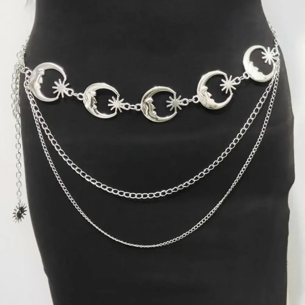 Punk Hip Hop Sun Waist Chain Belt – Vintage Gold & Silver Metal High Waist Chain for Women