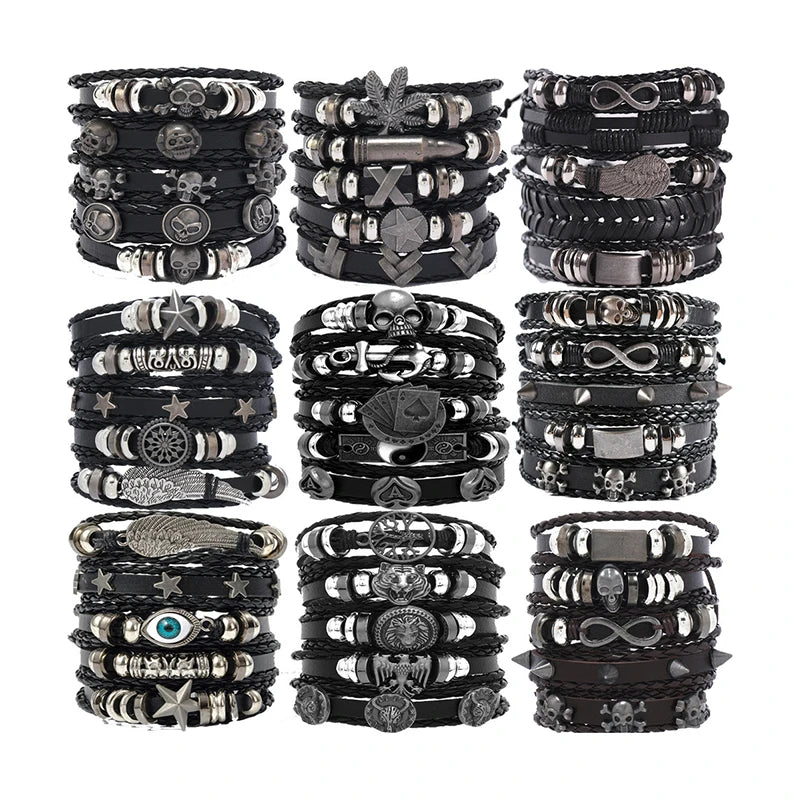 Black Punk Skull & Star Leather Bracelet Set – Gothic Alloy Wristband for Men & Women