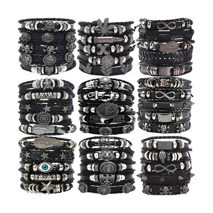 Black Punk Skull & Star Leather Bracelet Set – Gothic Alloy Wristband for Men & Women