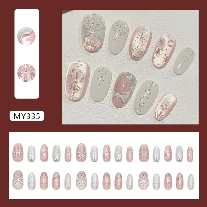 Y2K Star Press On Nails 24pcs – Blue Gradient French Gold Moon Almond False Nails