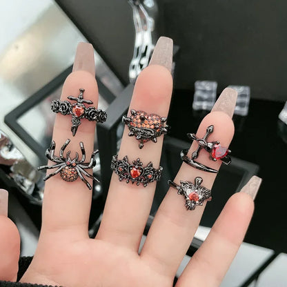 Gothic Red Crystal Heart Rings Set – 8pcs Irregular Y2K Butterfly Spider Aesthetic Jewelry for Women