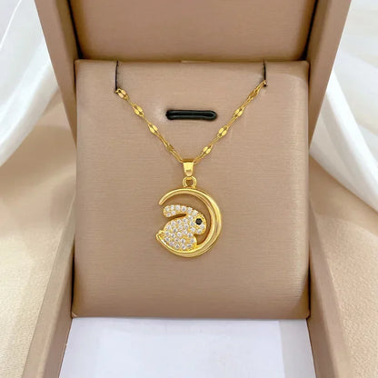 Crescent Moon Pendant Necklace Stainless Steel Zircon Vintage Jewelry