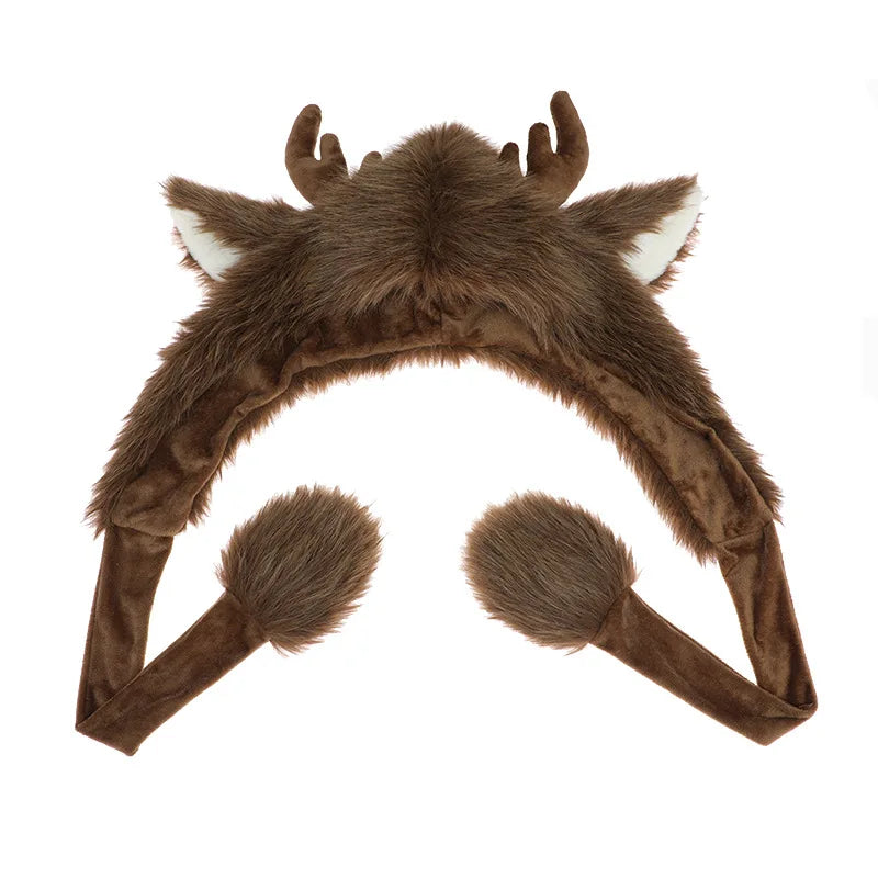Christmas Plush Reindeer Elk Pullover Hat - Warm Windproof Ear Protection Winter Cap, 1 Color