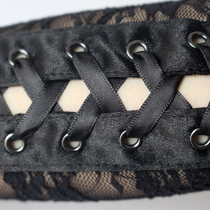 Fingerless Fishnet Lace Gloves Women Gothic Lolita Ribbon Long Elbow Mittens