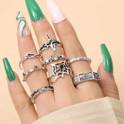 Gothic Red Crystal Heart Rings Set – 8pcs Irregular Y2K Butterfly Spider Aesthetic Jewelry for Women