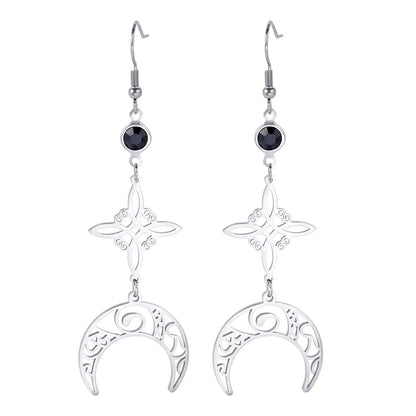Goth Moon Phase Pentagram Earrings - Stainless Steel Witchy Dangle Jewelry
