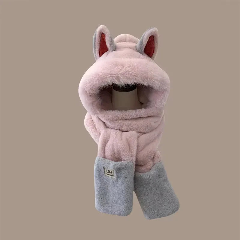 Fox Ear Plush Hat and Scarf Set - Warm Furry Winter Ear Protection Hood