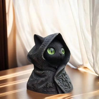 Gothic Hooded Cloak Cat Sculpture – Mystical 3D Printed Cat Statue Home Decor