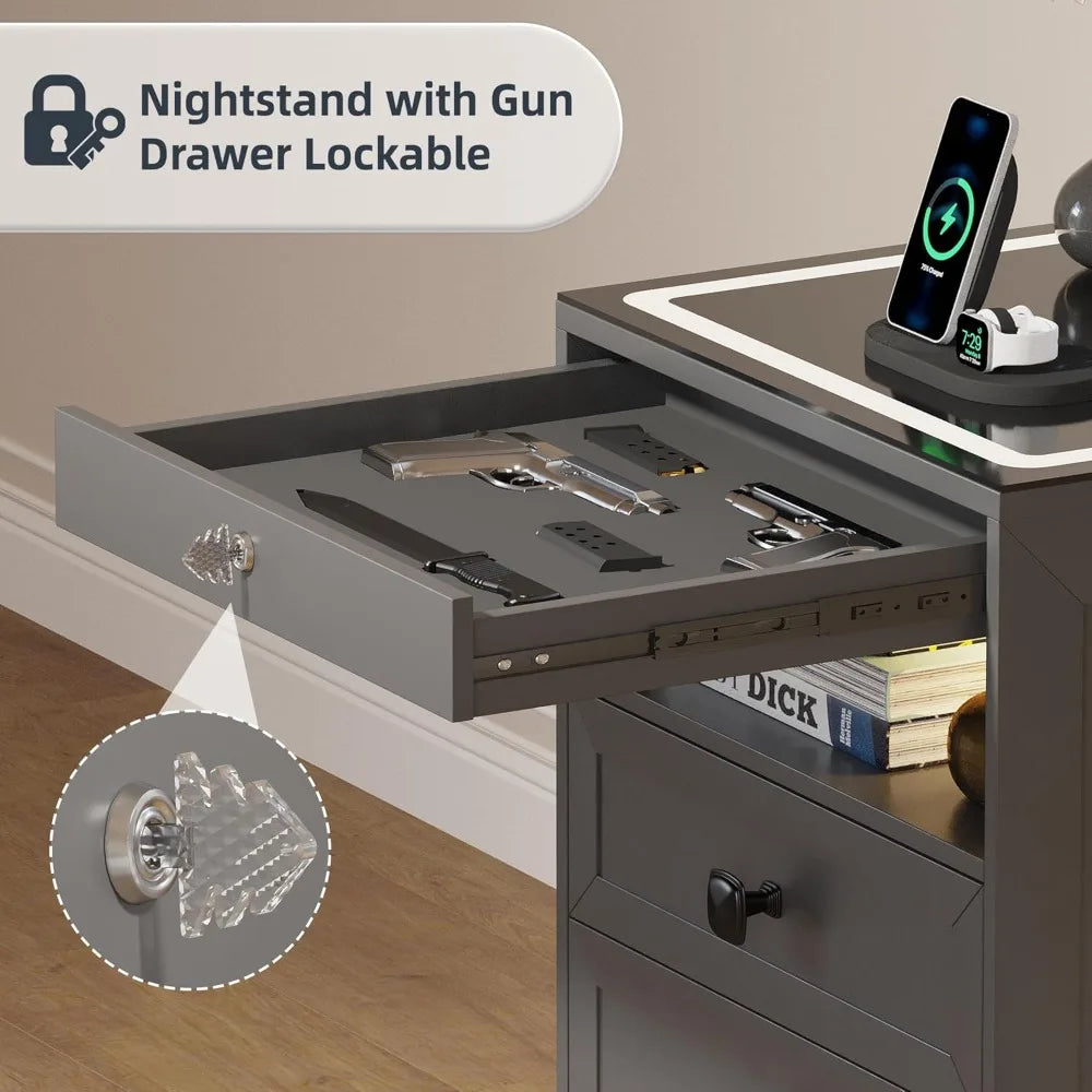 LED Nightstand with 3 Drawers, Glass Top Bedside Table with Wireless Charging Station, Modern Night Stand with Auto Senso