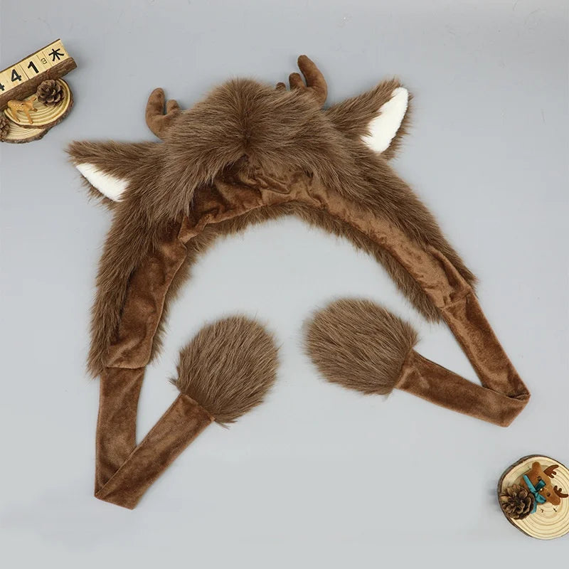 Christmas Plush Reindeer Elk Pullover Hat - Warm Windproof Ear Protection Winter Cap, 1 Color