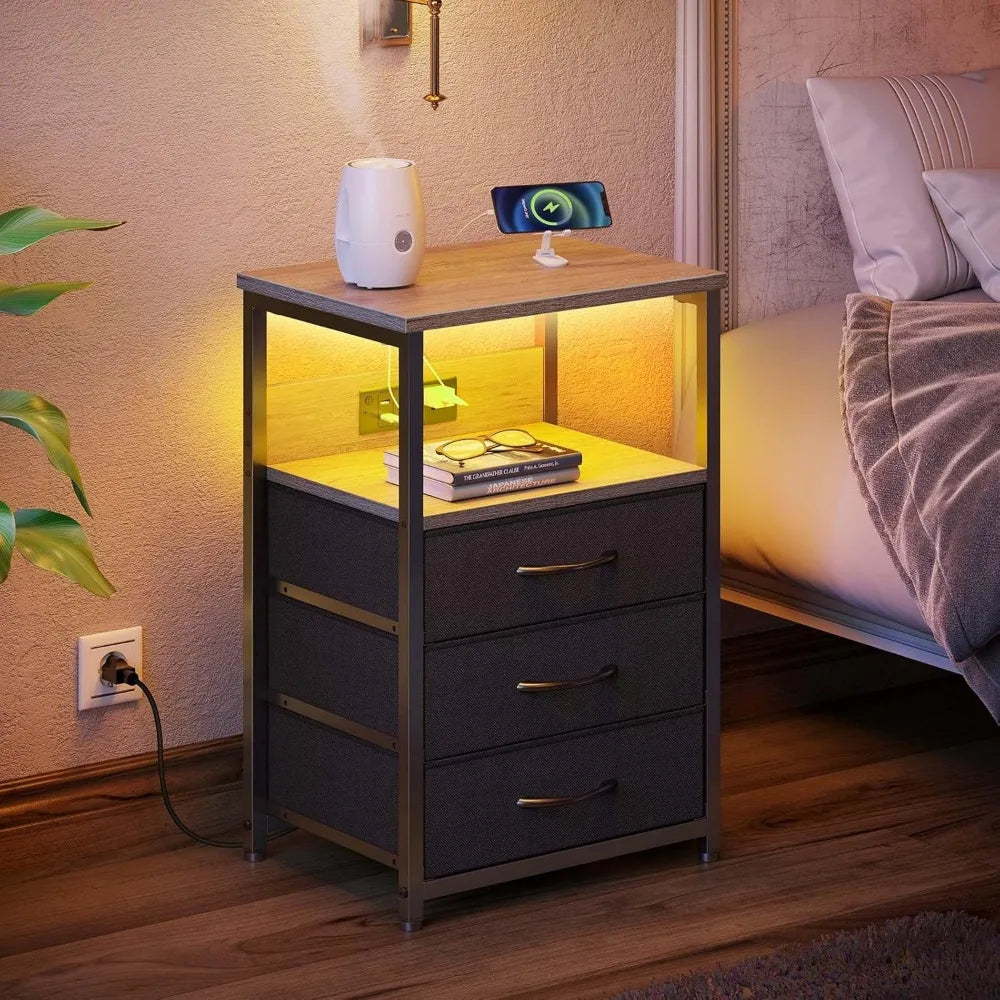Dual-Function Nightstands with Charging Ports and LED Lights, Pair of 3-Drawer Bedside Tables with USB Charging