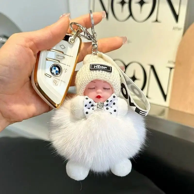 Cute Fluffy Sleepy Doll Keychain – Kawaii Plush Bag Charm Car Key Ring Gift