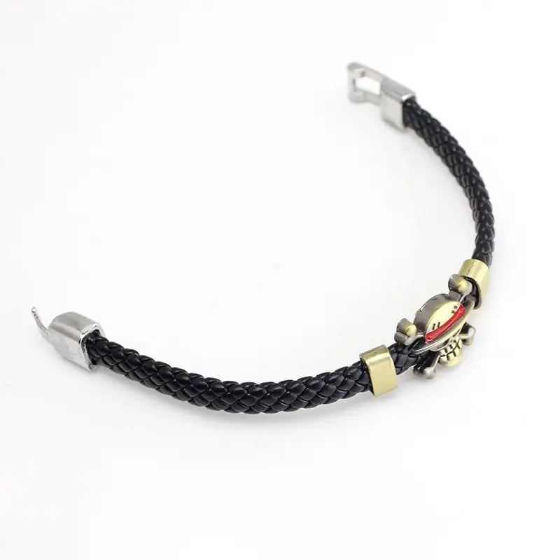 One Piece Luffy Straw Hat Skull Bracelet - Woven Leather Cord Anime Wristband for Fans