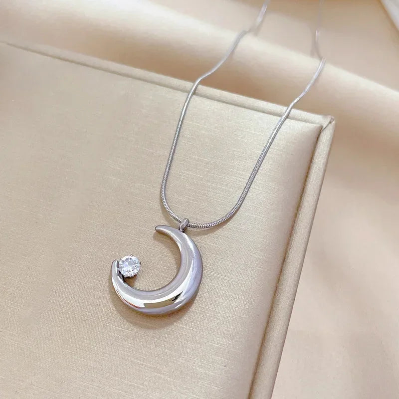 Crescent Moon Pendant Necklace Stainless Steel Zircon Vintage Jewelry