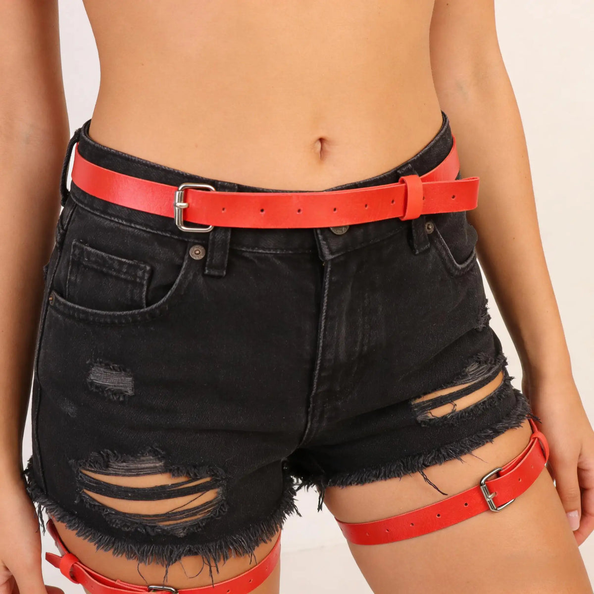 Gothic Punk Red Leather Thigh Harness Belt with Ring Detail