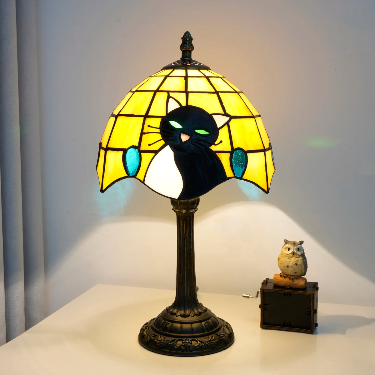 Black Cat Stained Glass Table Lamp – Bedroom Nightstand Desk Light
