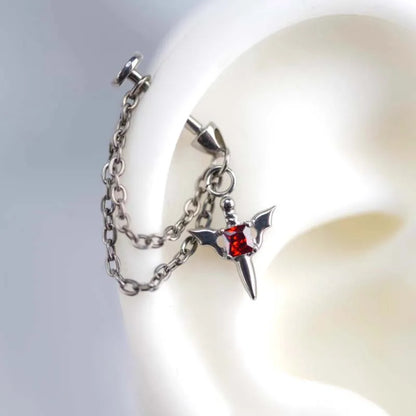 Gothic Red Zircon Wing Chain Stainless Steel Ear Cuff Piercing Earring – Punk Silver Rivet Ear Bone Stud