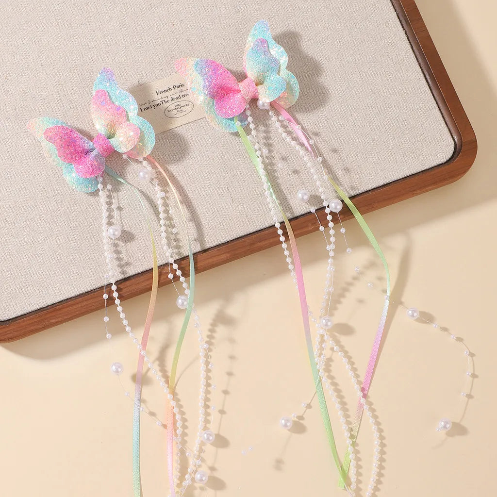 Sparkly Butterfly Bow Hair Clips for Girls – Long Pearl Tassel Ribbon Barrettes, Fairy Cosplay Hair Accessories