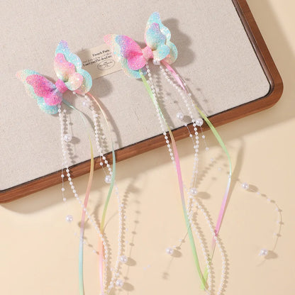 Sparkly Butterfly Bow Hair Clips for Girls – Long Pearl Tassel Ribbon Barrettes, Fairy Cosplay Hair Accessories