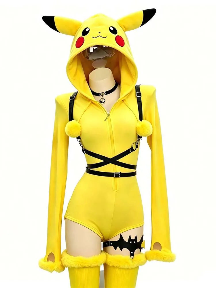 Pikachu Cosplay Hooded Bodysuit for Women – Yellow Plush Jumpsuit with Tail and Socks