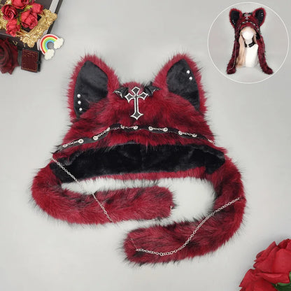 Gothic Plush Cross Metal Cat Ear Hat - Y2K Punk Winter Beanie