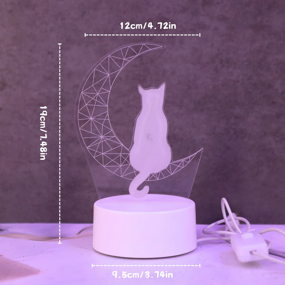 Moon Cat 3D Acrylic Night Light – USB Warm White LED Bedside Lamp