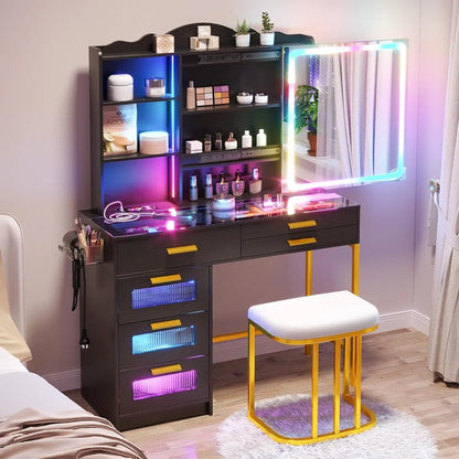 LED Vanity Desk with Sliding Mirror And Glass Top RGB Lighted Makeup Dresser with Chair Set Black Wood Finish 6-Drawer Dresser