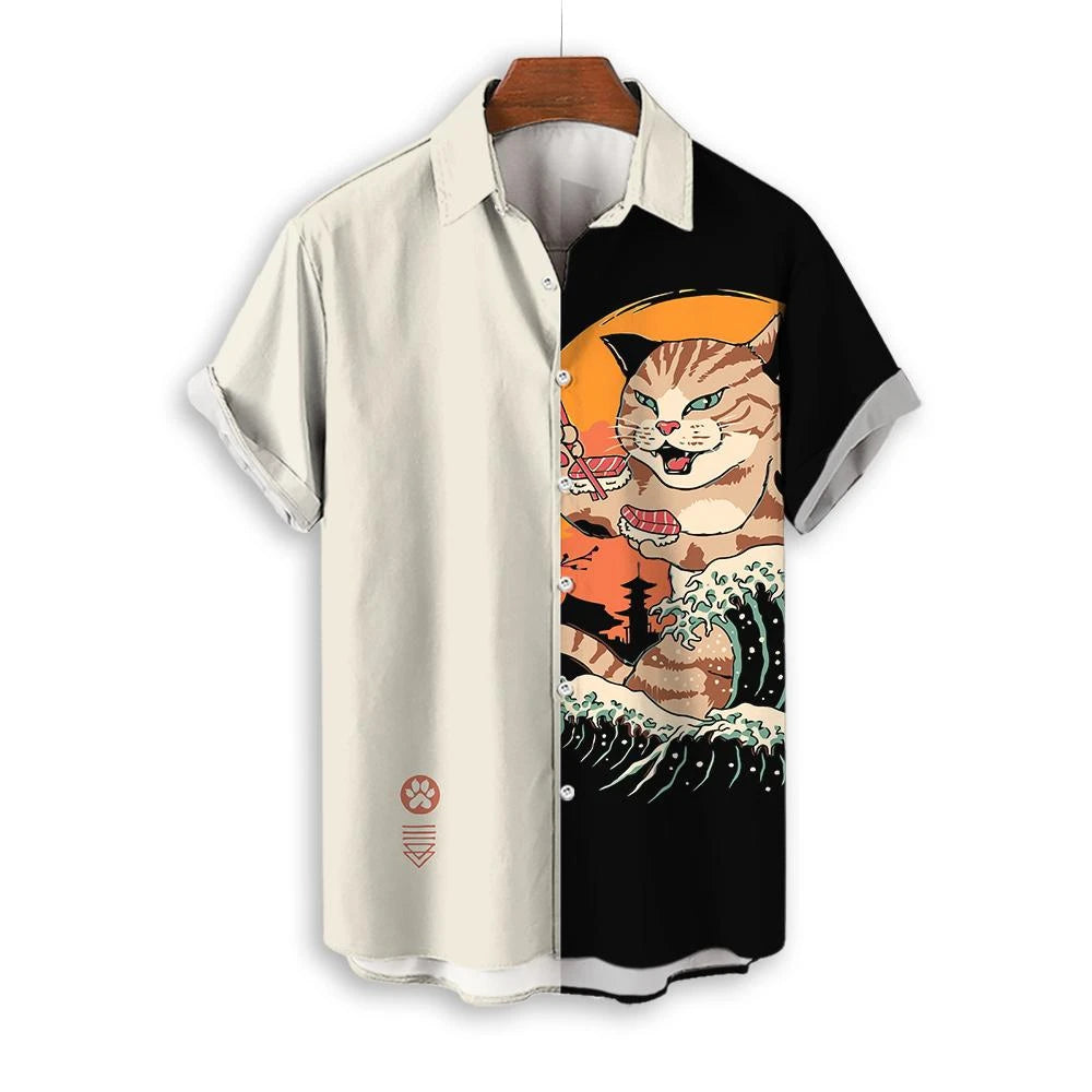 Men's Samurai Cat Print Hawaiian Shirt - Short Sleeve Loose Casual Anime Blouse