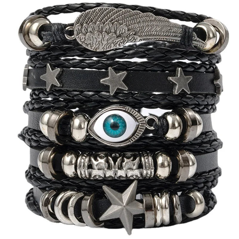 Black Punk Skull & Star Leather Bracelet Set – Gothic Alloy Wristband for Men & Women
