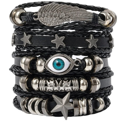 Black Punk Skull & Star Leather Bracelet Set – Gothic Alloy Wristband for Men & Women