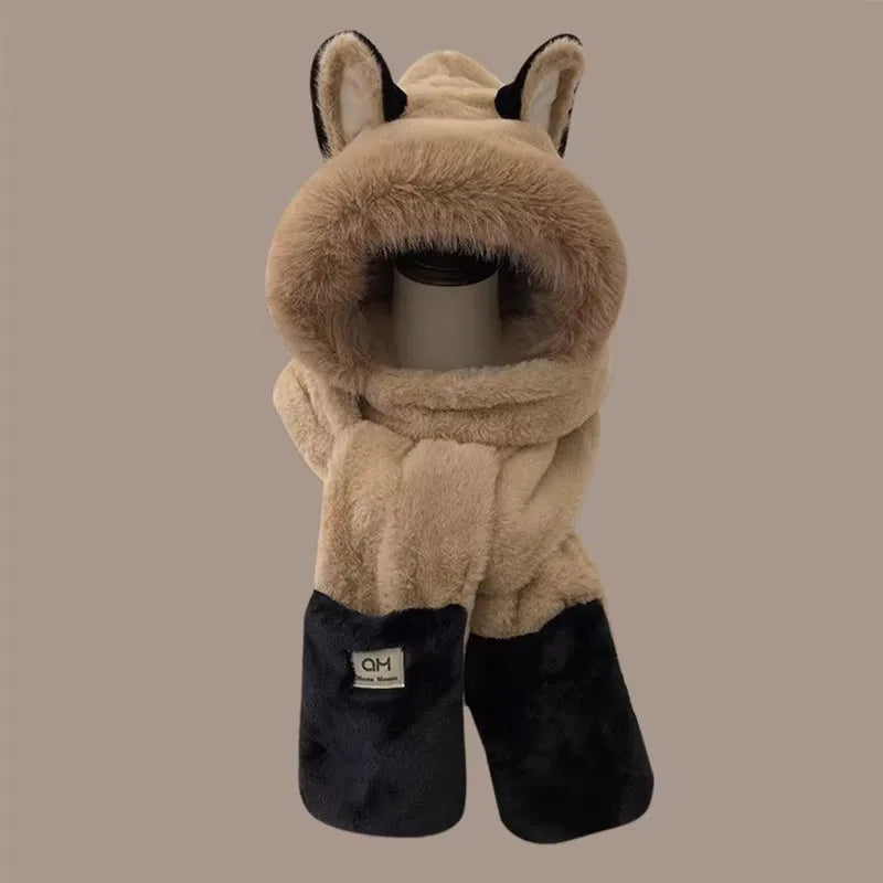 Fox Ear Plush Hat and Scarf Set - Warm Furry Winter Ear Protection Hood