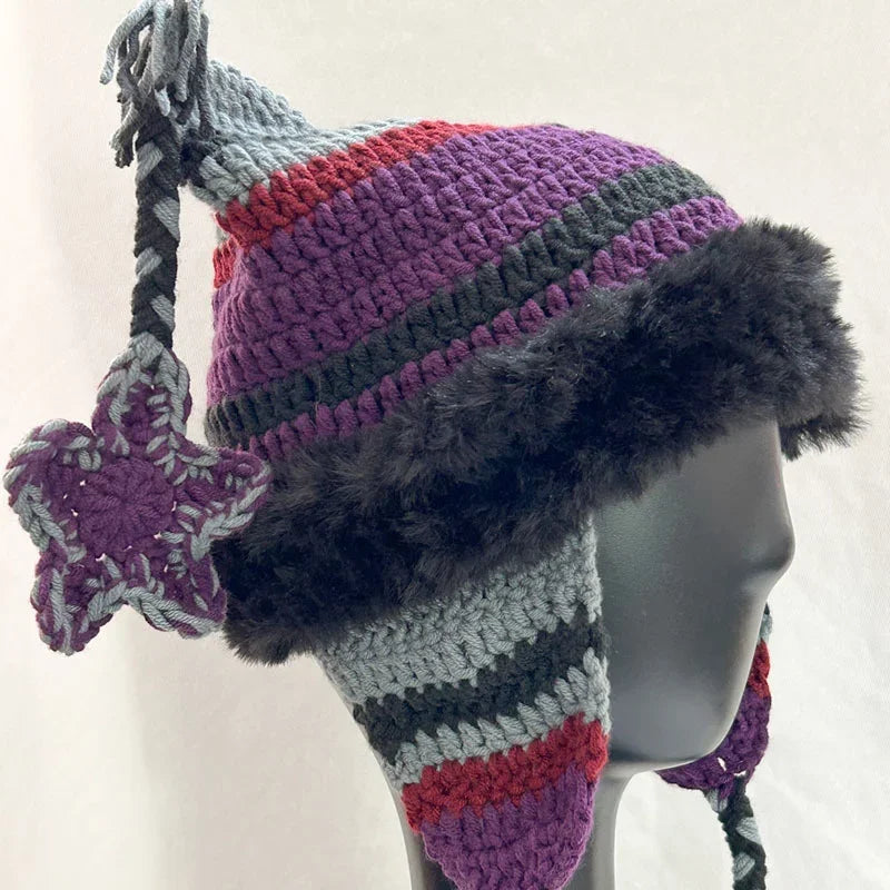 Japanese Pentagram Knit Beanie with Cat Ears – Striped Warm Winter Hat
