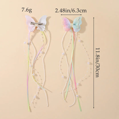 Sparkly Butterfly Bow Hair Clips for Girls – Long Pearl Tassel Ribbon Barrettes, Fairy Cosplay Hair Accessories