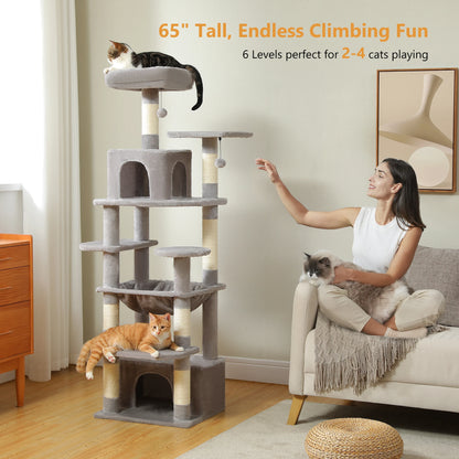 Large Cat Tree Tower with Hammock And Perches Sisal Scratching Posts Spacious Condos And Cat Toys for Indoor Cats Grey/Beige/Black
