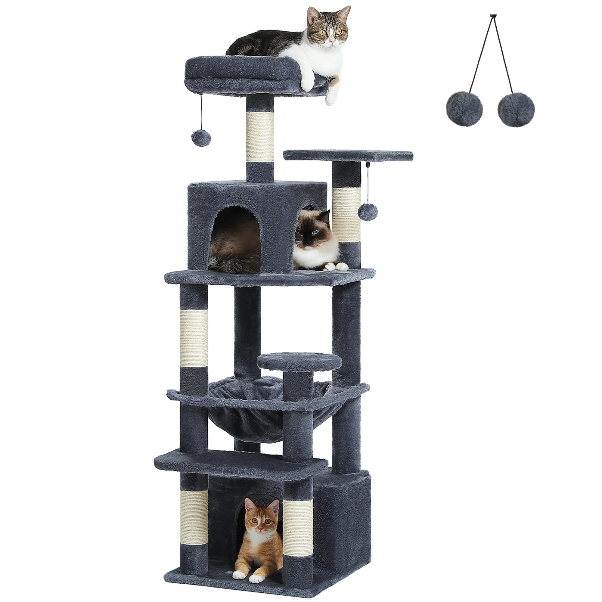 Large Cat Tree Tower with Hammock And Perches Sisal Scratching Posts Spacious Condos And Cat Toys for Indoor Cats Grey/Beige/Black