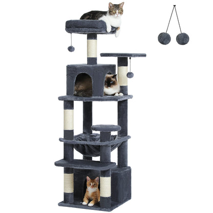 Large Cat Tree Tower with Hammock And Perches Sisal Scratching Posts Spacious Condos And Cat Toys for Indoor Cats Grey/Beige/Black