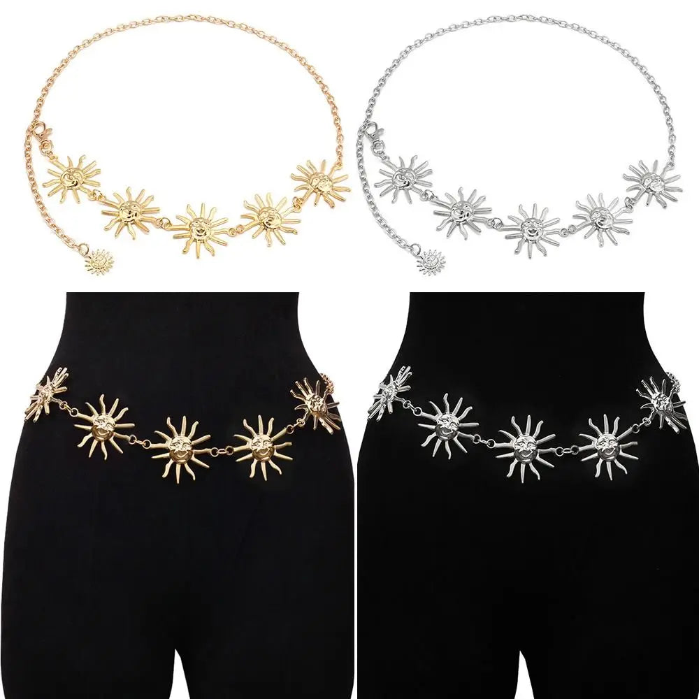 Punk Hip Hop Sun Waist Chain Belt – Vintage Gold & Silver Metal High Waist Chain for Women