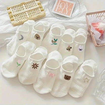 CHUANGERM 10-Pair Cute Cartoon Ankle Socks – Breathable Women's White Socks Set