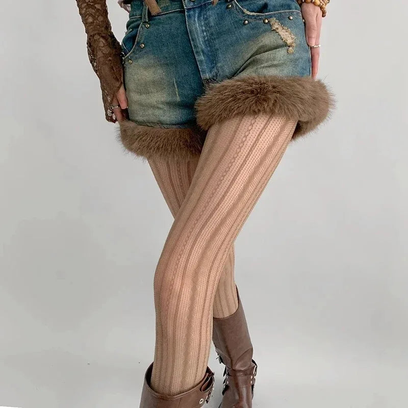 Lolita Gothic Fishnet Tights - Geometric Striped Mesh Lace Pantyhose, Seamless Cute Leggings