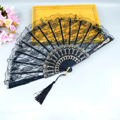 Lolita Lace Hand Fan – Gothic Victorian Folding Fan with Rose, Black White Red