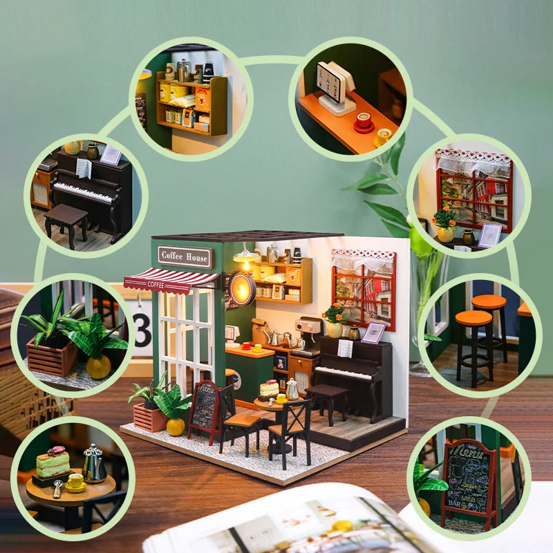 DIY 3D Puzzle Wooden Miniature Dollhouse Building Kit - Handmade Coffee House Model Gift