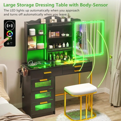 LED Vanity Desk with Sliding Mirror And Glass Top RGB Lighted Makeup Dresser with Chair Set Black Wood Finish 6-Drawer Dresser