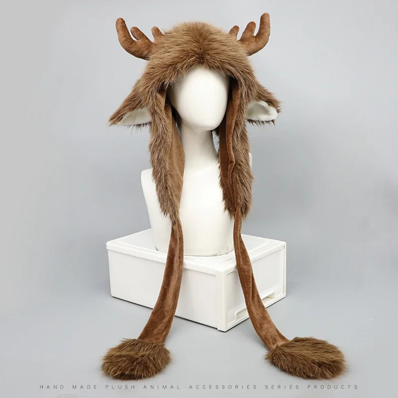 Christmas Plush Reindeer Elk Pullover Hat - Warm Windproof Ear Protection Winter Cap, 1 Color