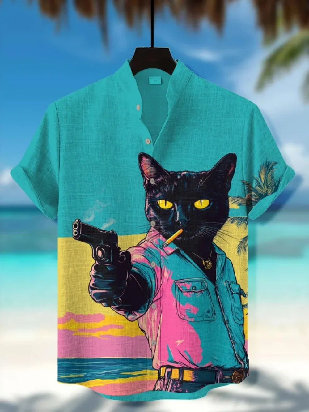 Men's Japanese Retro Black Cat Print Linen Shirt - Short Sleeve Stand Collar Casual Top