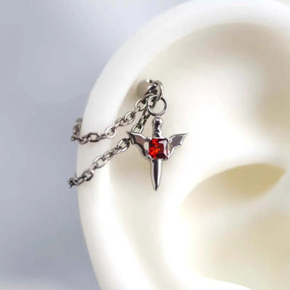 Gothic Red Zircon Wing Chain Stainless Steel Ear Cuff Piercing Earring – Punk Silver Rivet Ear Bone Stud