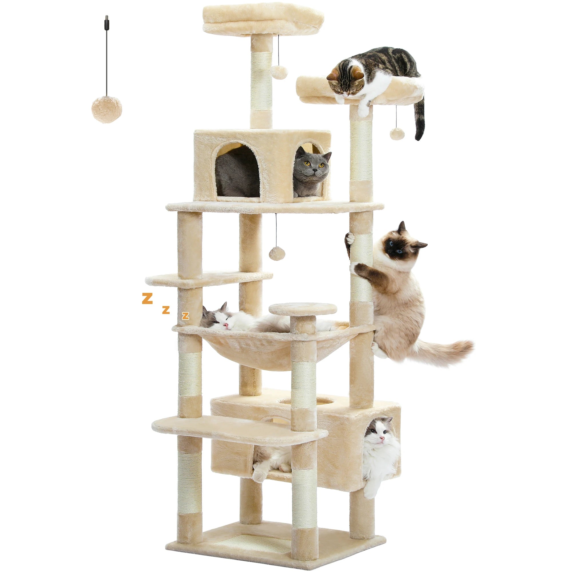 Large Cat Tree Tower with Hammock And Perches Sisal Scratching Posts Spacious Condos And Cat Toys for Indoor Cats Grey/Beige/Black