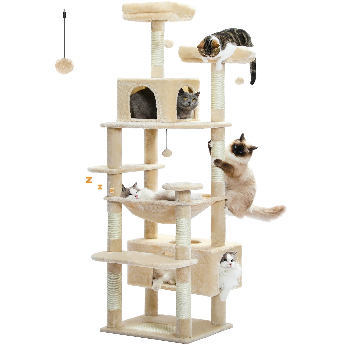 Large Cat Tree Tower with Hammock And Perches Sisal Scratching Posts Spacious Condos And Cat Toys for Indoor Cats Grey/Beige/Black
