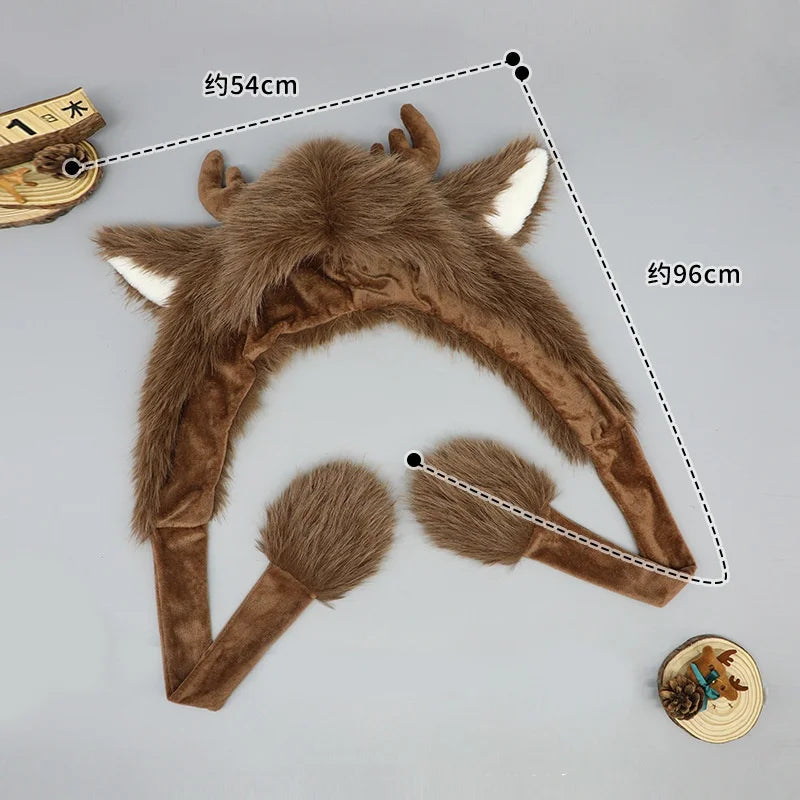 Christmas Plush Reindeer Elk Pullover Hat - Warm Windproof Ear Protection Winter Cap, 1 Color
