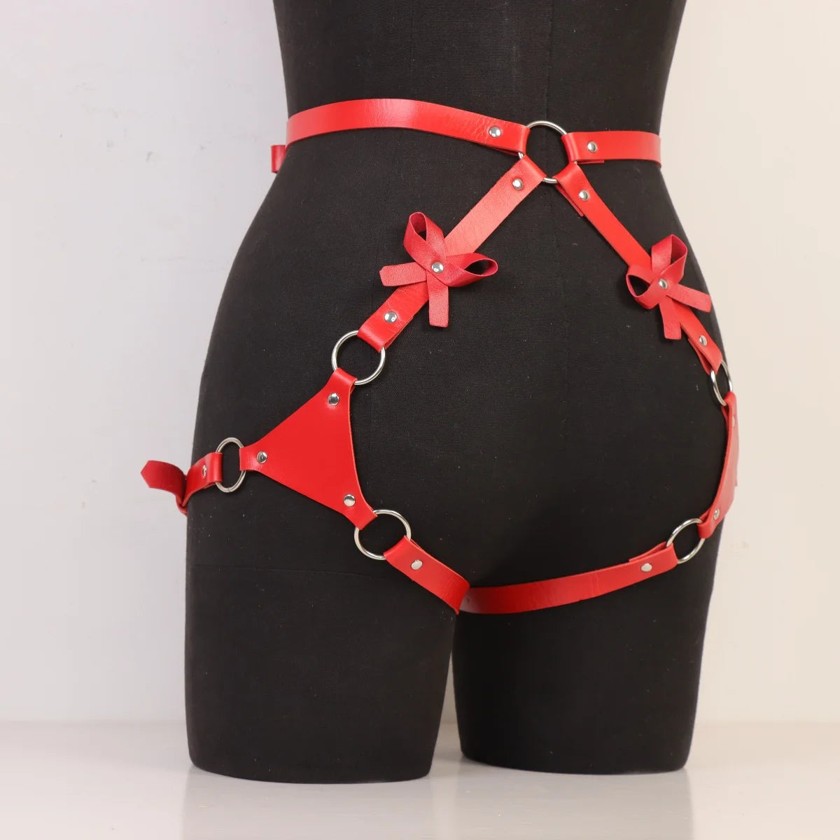 Gothic Punk Red Leather Thigh Harness Belt with Ring Detail