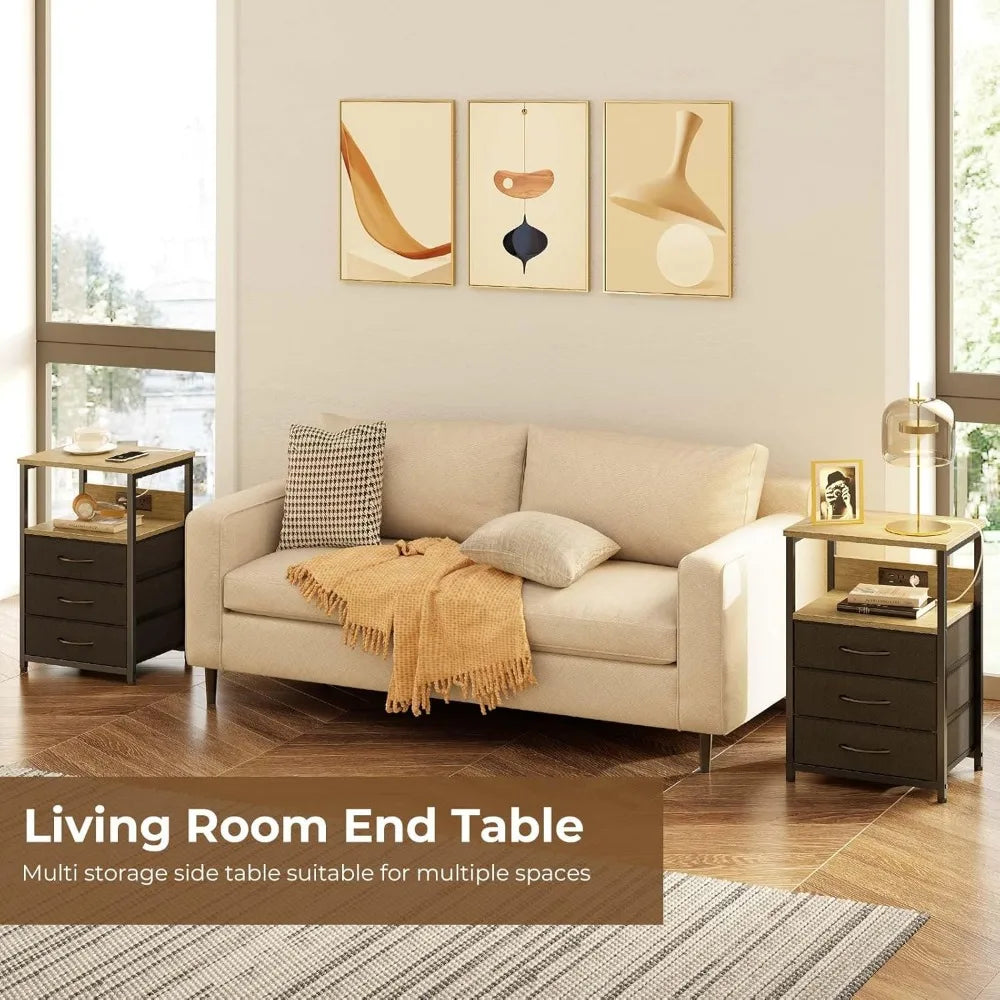 Dual-Function Nightstands with Charging Ports and LED Lights, Pair of 3-Drawer Bedside Tables with USB Charging